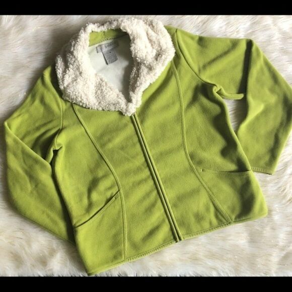 Upcycled Faux Fur Collar Zip Front Lime Green Fleece Sweater Jacket XL - Picture 13 of 13